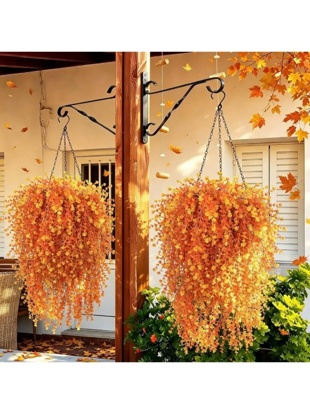 2 Set UV Resistant Fall Artificial Flower Hanging Baskets for Outdoor Decor